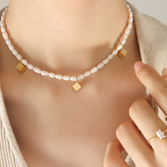 Genuine Freshwater Pearl Titanium Steel Magic Cube Necklace