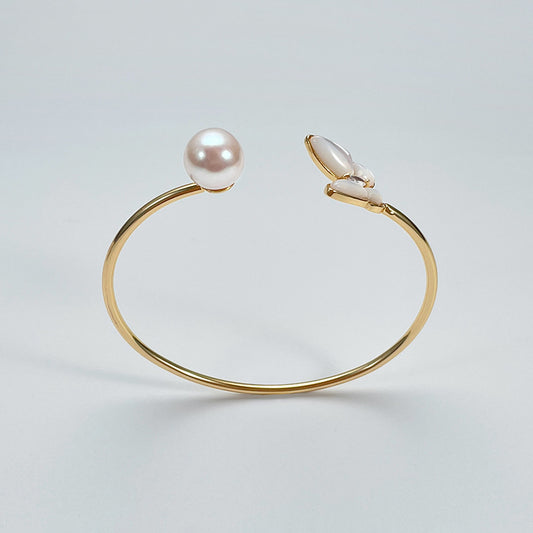 Freshwater Premium Round Pearl Pearl & Butterfly Open Bangle