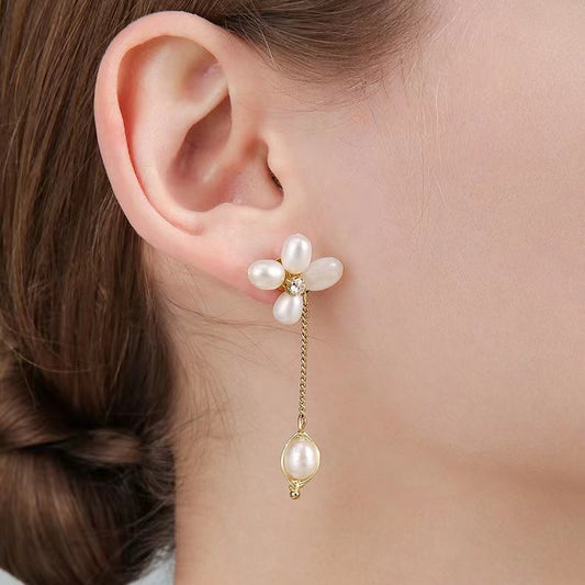 Genuine Freshwater Pearls Flower Tassel Earrings