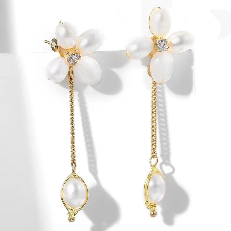 Genuine Freshwater Pearls Flower Tassel Earrings