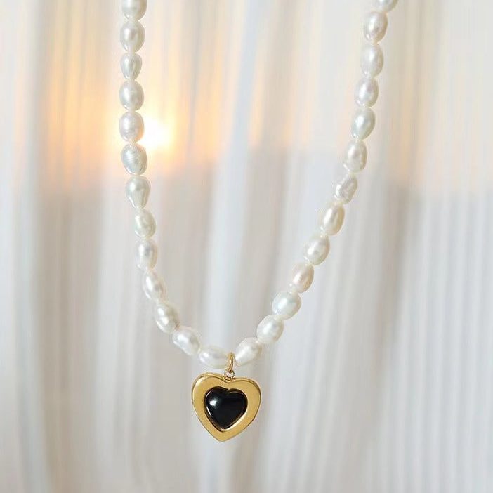 Genuine Freshwater Pearl Titanium Steel Cool Heart Necklace