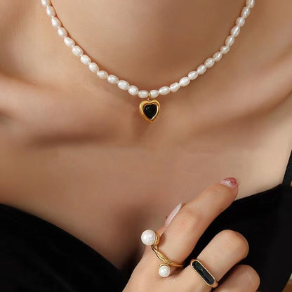 Genuine Freshwater Pearl Titanium Steel Cool Heart Necklace