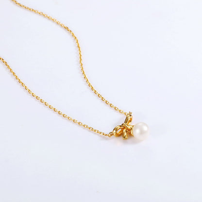S925 Silver Genuine Natural Freshwater Pearl Lovely Bow Necklace