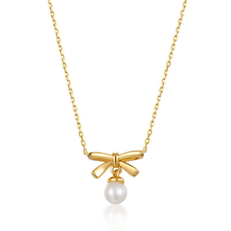 S925 Silver Genuine Natural Freshwater Pearl Lovely Bow Necklace