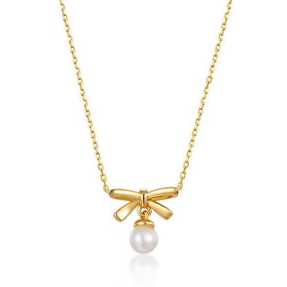 S925 Silver Genuine Natural Freshwater Pearl Lovely Bow Necklace