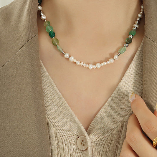 Genuine Freshwater Pearl Titanium Steel Green Moss Necklace