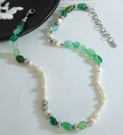 Genuine Freshwater Pearl Titanium Steel Green Moss Necklace