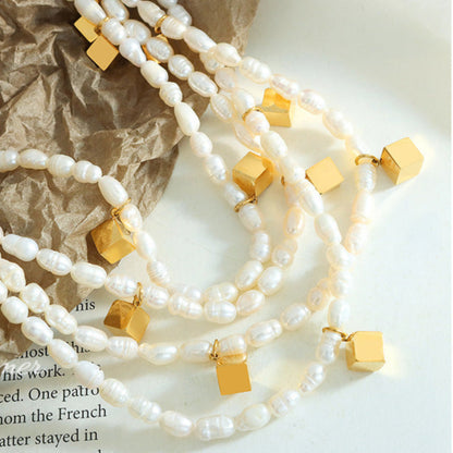 Genuine Freshwater Pearl Titanium Steel Magic Cube  Necklace