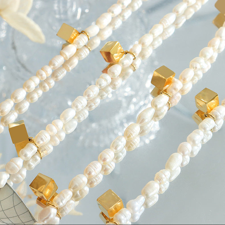 Genuine Freshwater Pearl Titanium Steel Magic Cube  Necklace