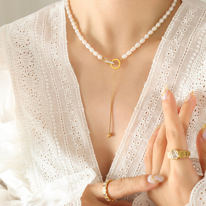 Genuine Freshwater Pearl Titanium Steel Circle of Hope Necklace