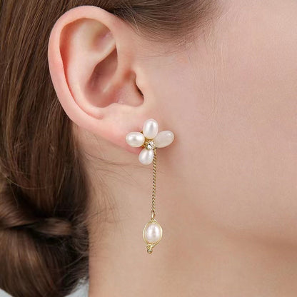 Genuine Freshwater Pearls Flower Tassel Earrings