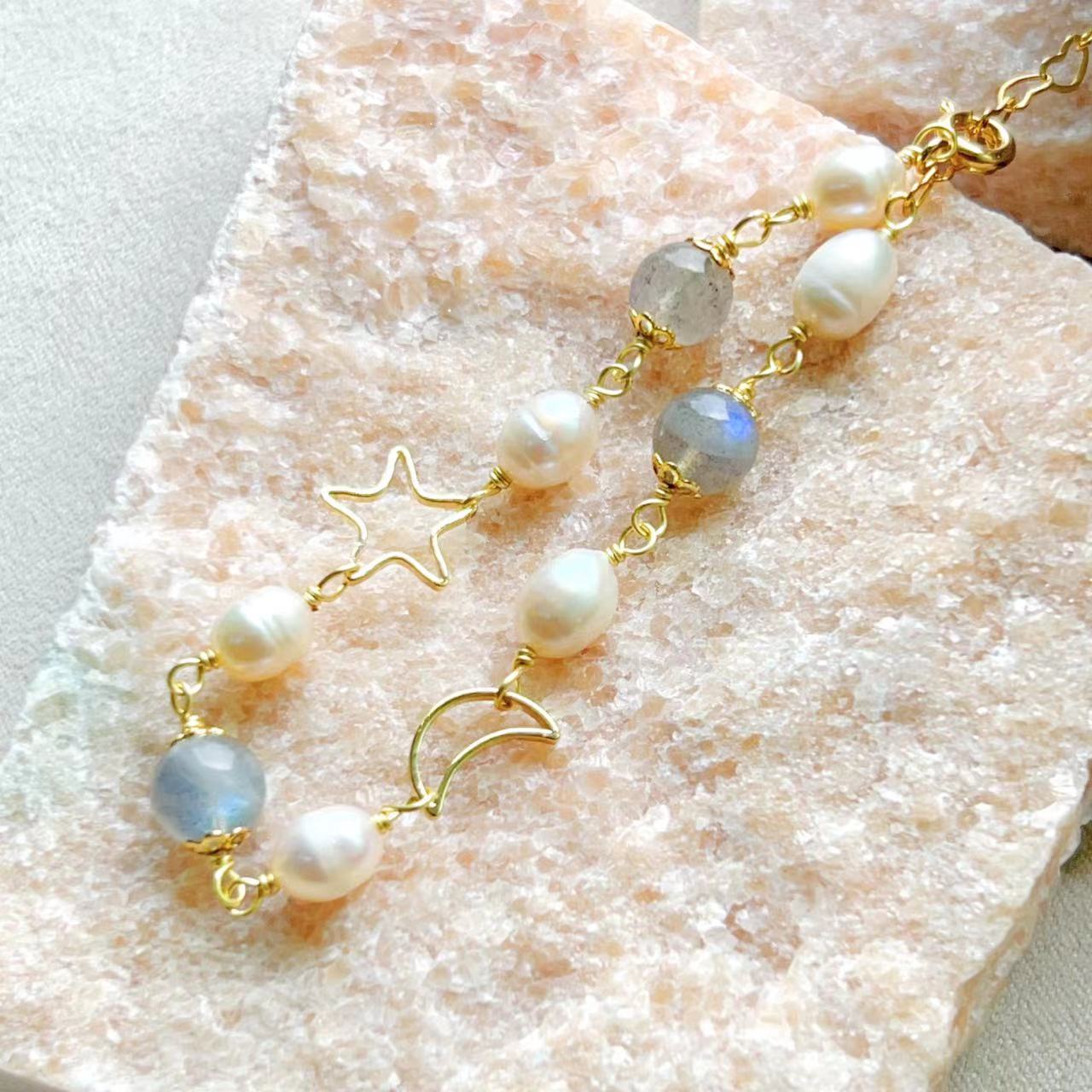 Moonstone & Freshwater Pearl Starry Night Bracelet