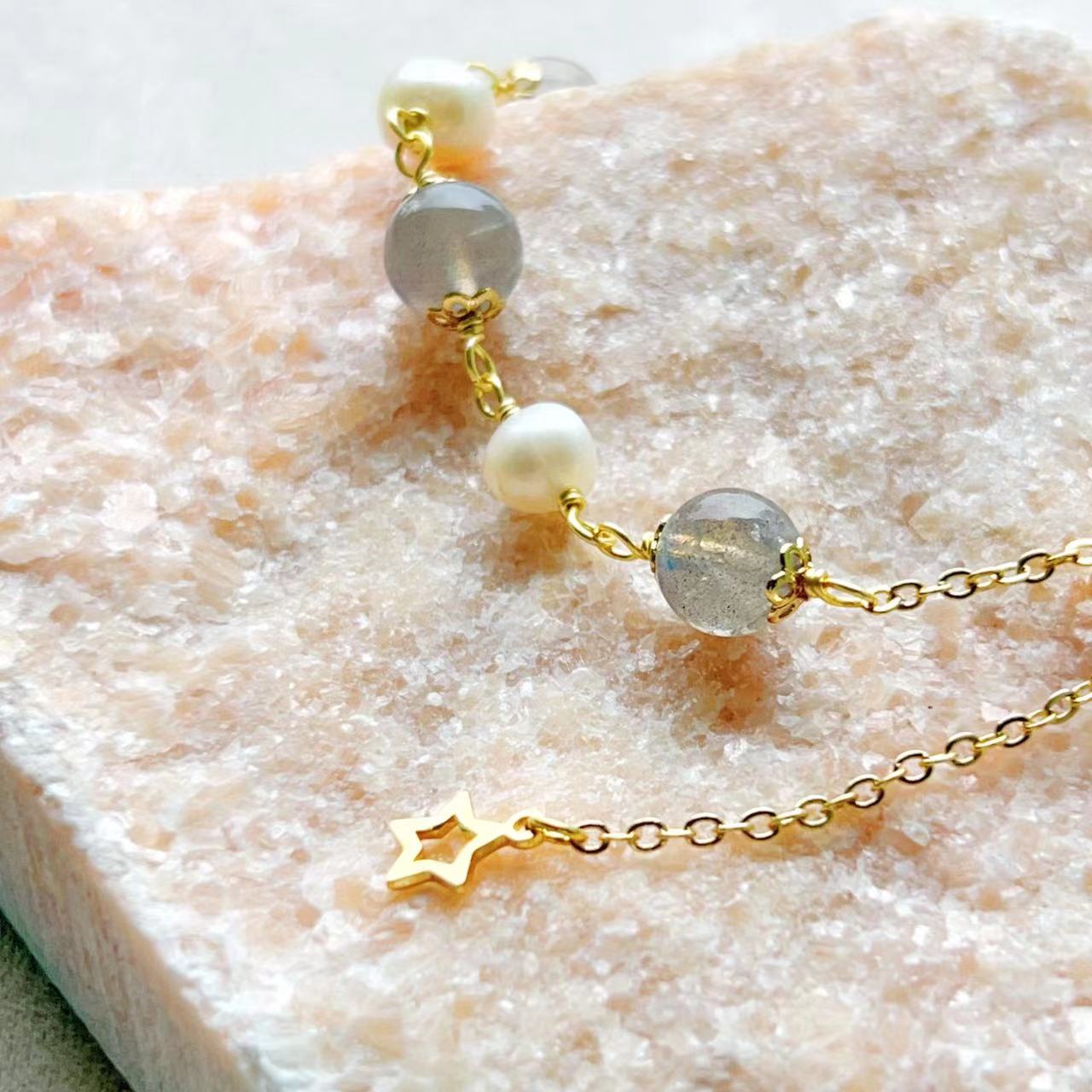 Moonstone & Freshwater Pearl Starry Night Bracelet