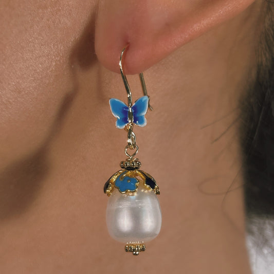 Genuine Freshwater Baroque Pearl Blue Butterfly Earrings (Limited Edition)