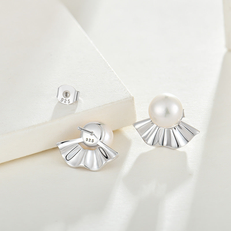 S925 Silver Genuine Freshwater Pearl Japanese Fan Earrings