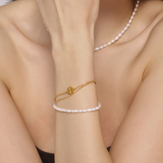 Genuine Freshwater Pearl Titanium Steel Lucky Dew Bracelet