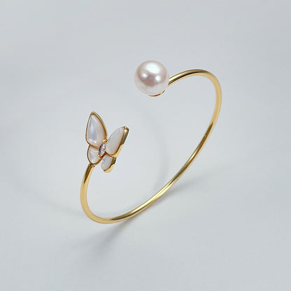Freshwater Premium Round Pearl Pearl & Butterfly Open Bangle
