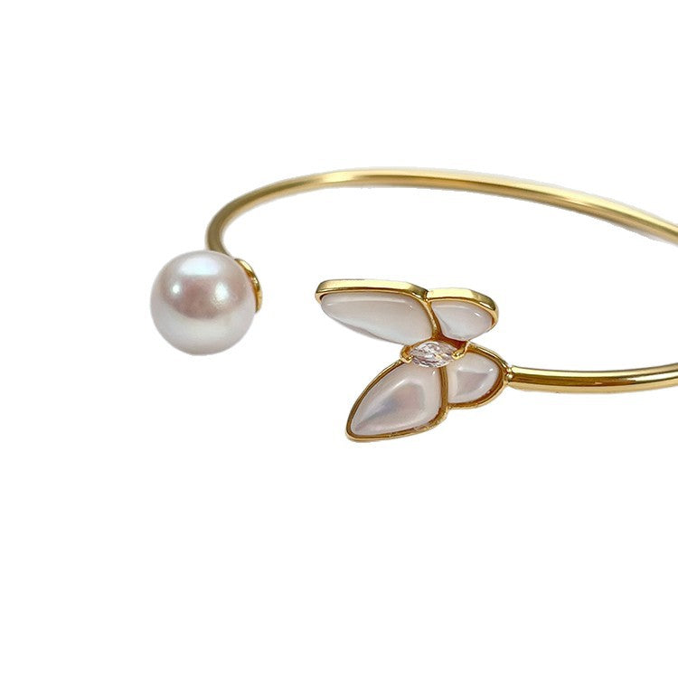 Freshwater Premium Round Pearl Pearl & Butterfly Open Bangle