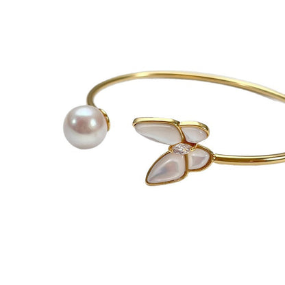 Freshwater Premium Round Pearl Pearl & Butterfly Open Bangle