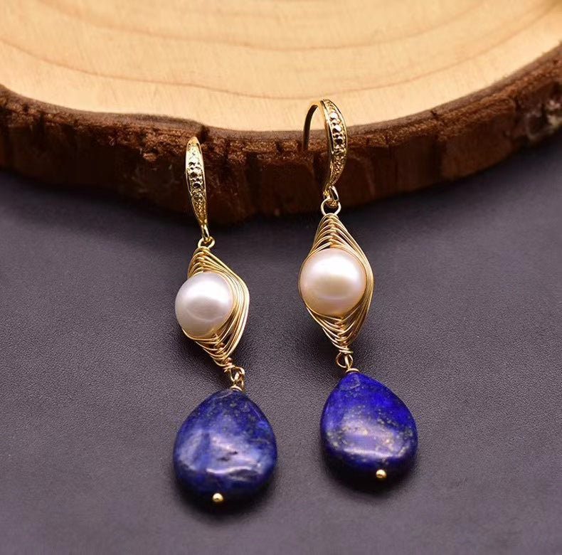 Genuine Freshwater Baroque Pearl & Lapis Lazuli Eye Earrings (Limited Edition)