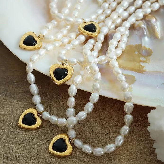 Genuine Freshwater Pearl Titanium Steel Cool Heart Necklace