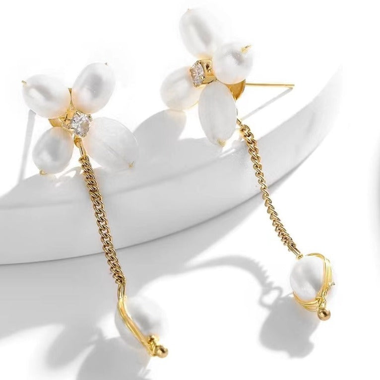 Genuine Freshwater Pearls Flower Tassel Earrings