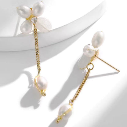 Genuine Freshwater Pearls Flower Tassel Earrings