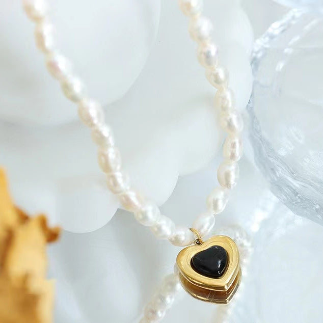 Genuine Freshwater Pearl Titanium Steel Cool Heart Necklace