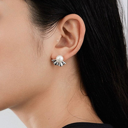 S925 Silver Genuine Freshwater Pearl Japanese Fan Earrings