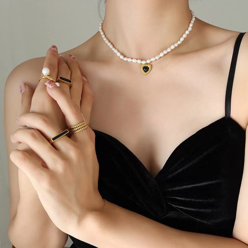 Genuine Freshwater Pearl Titanium Steel Cool Heart Necklace