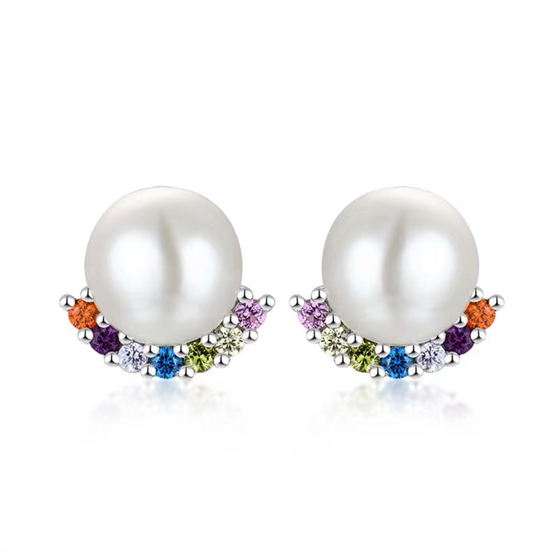 S925 Silver Genuine Freshwater Pearl Rainbow Bridge Earrings