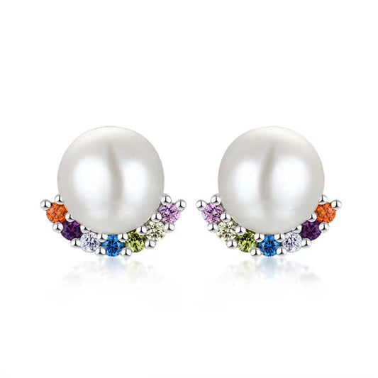 S925 Silver Genuine Freshwater Pearl Rainbow Bridge Earrings