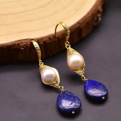 Genuine Freshwater Baroque Pearl & Lapis Lazuli Eye Earrings (Limited Edition)
