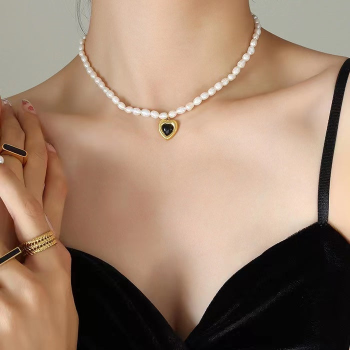 Genuine Freshwater Pearl Titanium Steel Cool Heart Necklace