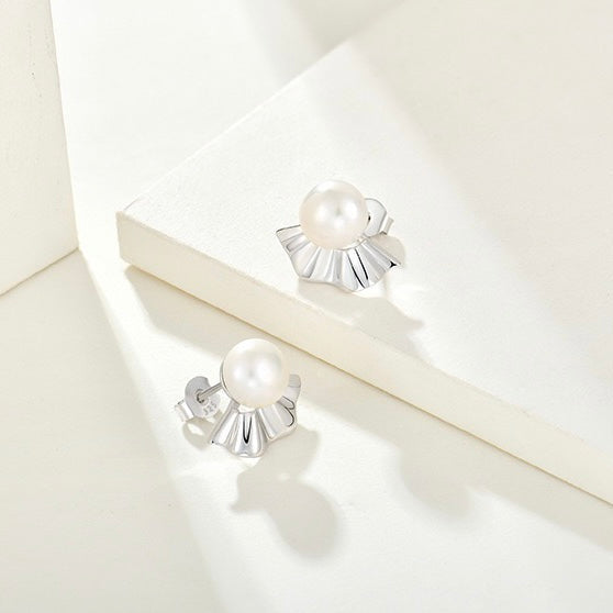 S925 Silver Genuine Freshwater Pearl Japanese Fan Earrings