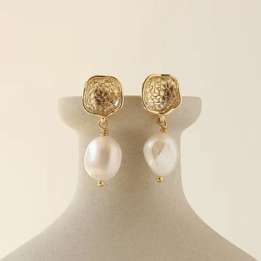 Genuine Freshwater Baroque Pearl Gold Flap Earrings