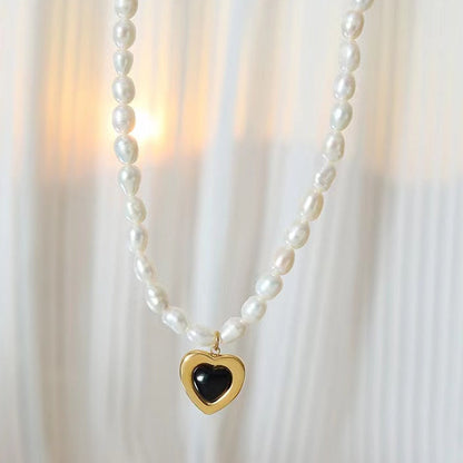 Genuine Freshwater Pearl Titanium Steel Cool Heart Necklace