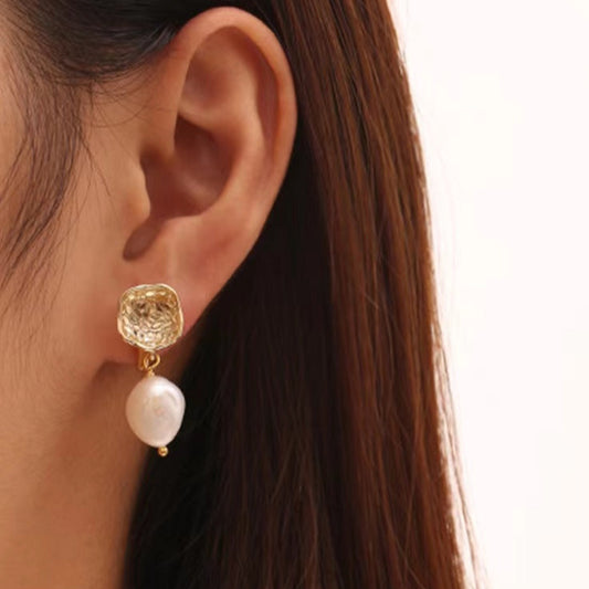 Genuine Freshwater Baroque Pearl Gold Flap Earrings