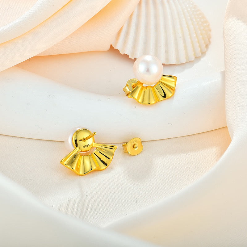 S925 Silver Genuine Freshwater Pearl Japanese Fan Earrings