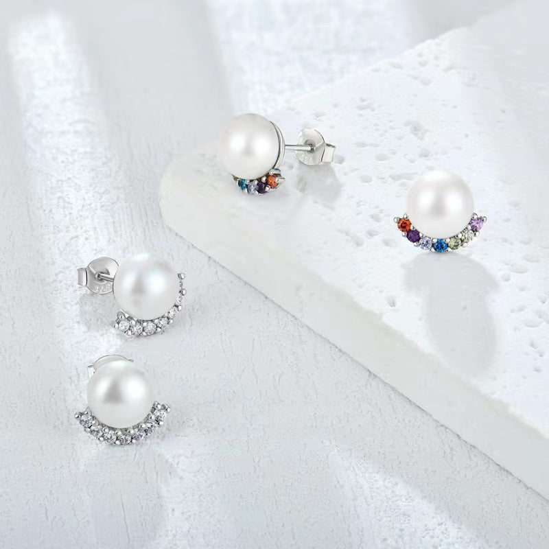 S925 Silver Genuine Freshwater Pearl Rainbow Bridge Earrings