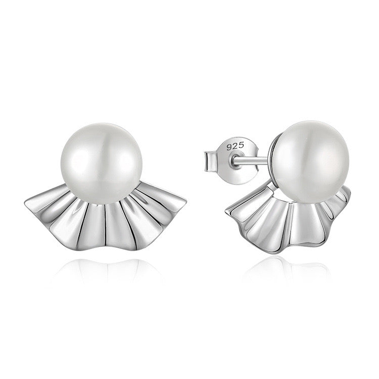 S925 Silver Genuine Freshwater Pearl Japanese Fan Earrings