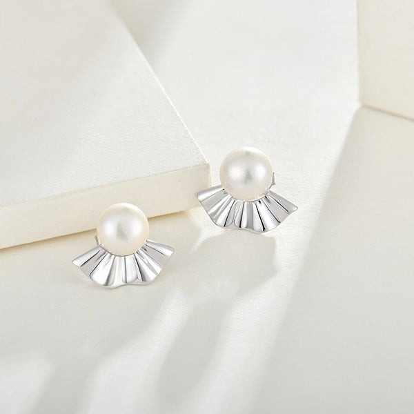 S925 Silver Genuine Freshwater Pearl Japanese Fan Earrings